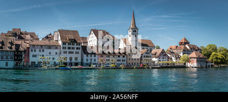 View of Diessenhofen town in Switzerland which is connected to germany by a covered wooden bridge over river Rhein Stock Photo