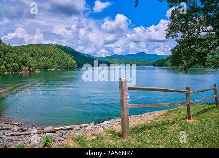 Fence Along Hiwassee Lake, Murphy NC. Stock Photo