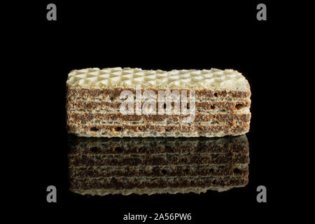 One whole crispy beige hazelnut wafer cookie isolated on black glass Stock Photo