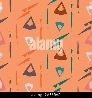 Multicolor tribal triangles and abstract lines in geometric design. Seamless vector pattern on orange background. Great for wellness, home decor Stock Vector