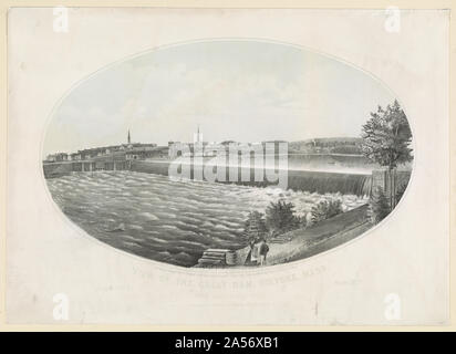 View of the great dam, Holyoke, Mass.  From South Hadley Falls / J. Bowker del. Stock Photo