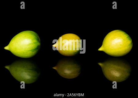 Group of three whole fresh tomato de barao isolated on black glass Stock Photo