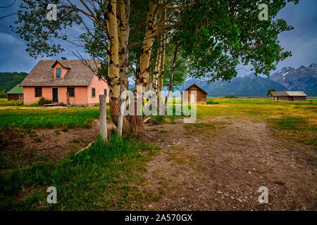 Old House of with pumphouse and granary at Grand Teton National Park. Stock Photo