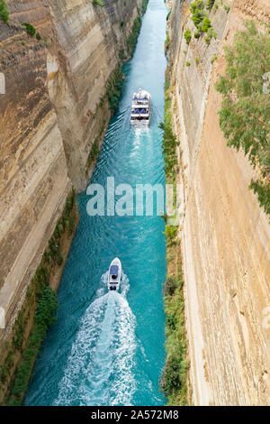 GREECE CORINTH - JULY 17 2019; Corinth Canal with its deep sheer sides connecting the Gulf of Corinth with Saronic Gulf in Aegean Sea. Stock Photo