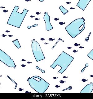Seamless pattern background. Plastic garbage (bag, bottle, plastic conteners, straws, cutlery) in the ocean. Vector illustration in doodle style. Protect ocean concept Stock Vector