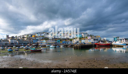 The port of Brixham, Devon at low tide in the month of October Stock Photo