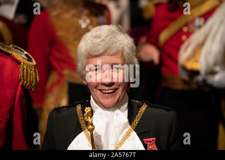 14th October 2019 London UK State opening of Parliament 2019. Sarah Clarke OBE is a British administrator. Since 13 February 2018, she has served as Black Rod, the first female Black Rod in the 650-year history of the role. The role is formally 'The Lady Usher of the Black Rod'. Before taking this role, she was in charge of the administration of The Championships, Wimbledon. Stock Photo