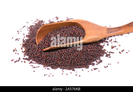 Black mustard seeds in a wooden spoon isolated on white background Stock Photo