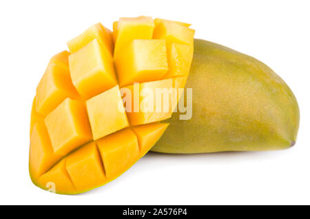 Mango fruit, cubes and mango slices, isolated on a white background Stock Photo