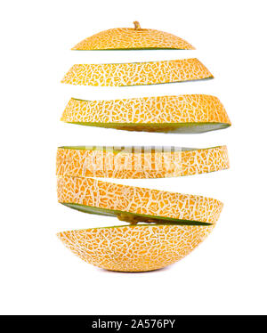 Flying slices of juicy and sweet melon, isolated on white background. Clipping path. Stock Photo