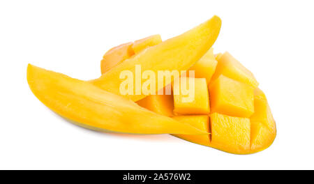 Mango fruit, cubes and mango slices, isolated on a white background Stock Photo