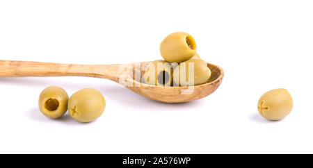 Pitted and marinated green olives, isolated on white background Stock Photo