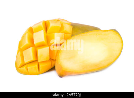 Mango fruit, cubes and mango slices, isolated on a white background Stock Photo