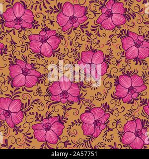 seamless vector pattern with bright pink orchid flowers andswirly leaves on a orange background Stock Vector