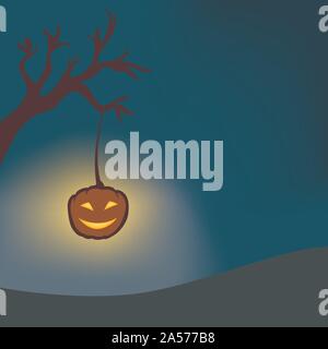 Pumpkin lantern hanging on a tree at night glowing by jziprian Stock Vector
