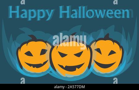 text happy halloween three simple pumpkin face blue light dark background  by jziprian Stock Vector