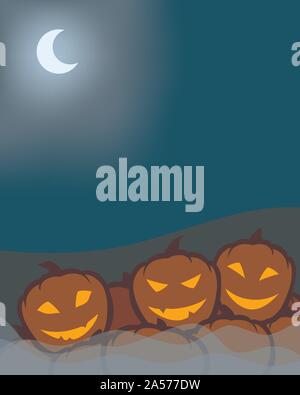 pumpkin field three alive faces half moon blue glow fog halloween theme  by jziprian Stock Vector