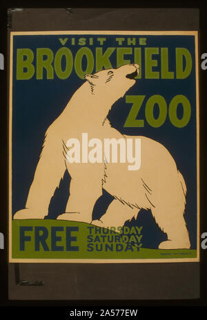 Visit the Brookfield Zoo free Thursday, Saturday, Sunday Abstract: Poster for the Brookfield Zoo announcing days when entrance to the Zoo is free, showing a polar bear. Stock Photo