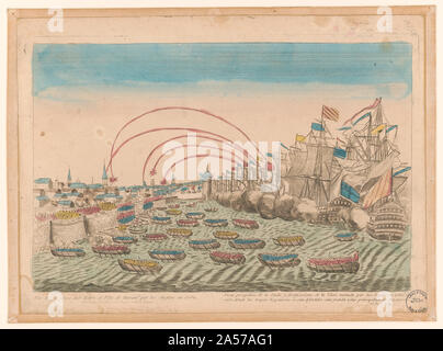 Vue de la prise des forts et ville de Havane par les anglois en 1762 Abstract: Print shows a perspective rendering of the bombardment of Havana by British ships and the landing of English troops where the fortress wall has been breeched to capture the city.