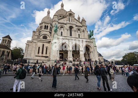 Paris, France - 30th September, 2019:   Sacre Coeur Basilica busy with tourists visiting Paris Stock Photo