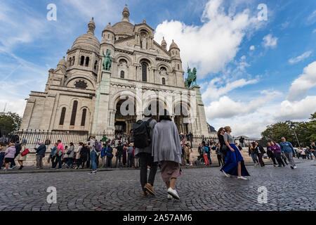 Paris, France - 30th September, 2019:   Sacre Coeur Basilica busy with tourists visiting Paris Stock Photo