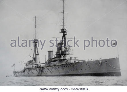 HMS Inflexible was a WW1 Invincible-class battlecruiser of the British Royal Navy,  the ship was launched in 1907 and scrapped in 1922 vintage photograph early 1900s Stock Photo