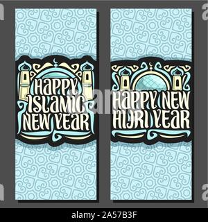 Vector vertical banners for Islamic New Year, templates with muslim mubarak mosque with dome end minarets, original type for words happy islamic new h Stock Vector