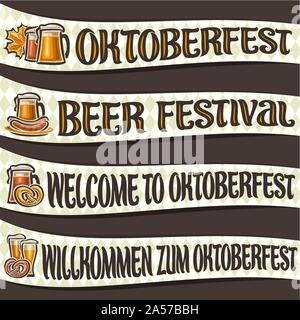 Vector set of ribbons for Oktoberfest, 4 curved banners with maple leaf and sausages, glassware with alcoholic beverages, labels for beer festival wit Stock Vector