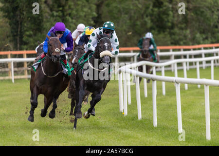 Lead race horse and jockey taking the final turn on the race track towards the finish line Stock Photo