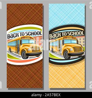Vector vertical banners for School Bus, orange schoolbus with open door awaiting junior student, logo with cartoon bus on background of college buildi Stock Vector