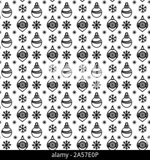 Seamless pattern with christmas balls and snowflakes. Hand drawn doodle style. Black and white vector illustration. Isolated on white background. Perfect for wrapping paper and coloring pages Stock Vector