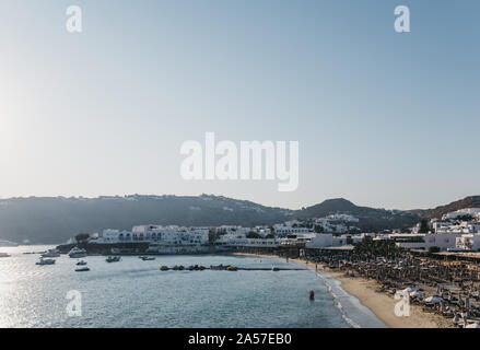 Mykonos, Greece - September 19, 2019: High angle view of Platis Gialos beach, a popular beach on the south coast of Mykonos. Stock Photo