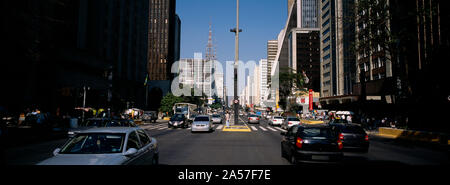Traffic on a road, Paulista Avenue, Sao Paulo, Brazil Stock Photo