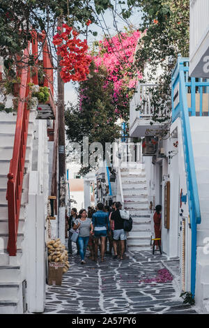 Mykonos Town,Greece - September 20, 2019: Colourful railings on a narrow street in Hora (also known as Mykonos Town), the islands well-preserved port Stock Photo