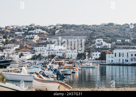 Mykonos Town, Greece - September 20, 2019: Boats moored by new port in Hora, also known as Mykonos Town, capital of the island and one of the best exa Stock Photo