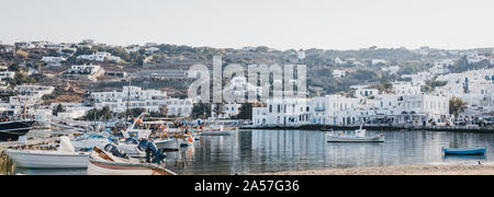 Mykonos Town, Greece - September 20, 2019: Panoramic view of boats moored by new port in Hora (Mykonos Town), capital of the island and one of the bes Stock Photo