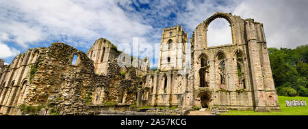 Panorama of Fountains Abbey Cistercian monastery church with Chapter House and Chapel of Altars and group of school children North Yorkshire England