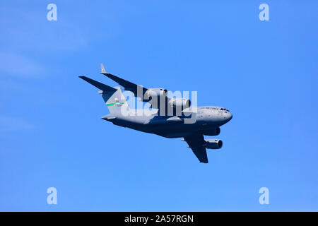 Boeing C17 Globemaster transport aircraft of the United States air force performing a fly past at the 2019 San Francisco fleet Week. Stock Photo