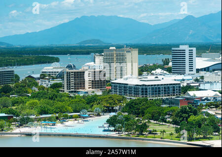 Municipal lagoon and apartment buildings along the Esplanade, Cairns, Queensland, Australia Stock Photo