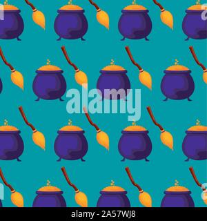 pattern of cauldron with broom vector illustration design Stock Vector