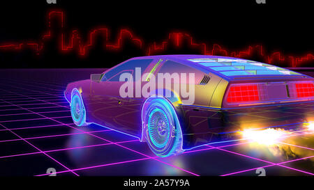 Bright retro futuristic world of computer space in the style of science fiction of the 80s. Futuristic car in virtual space. The background is perfect Stock Photo