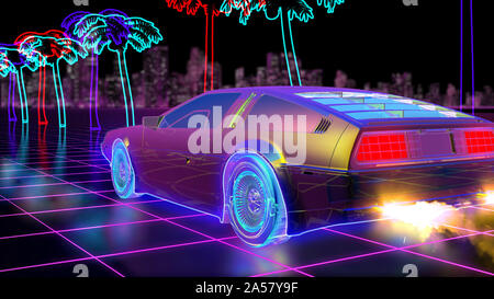 Bright retro futuristic world of computer space in the style of science fiction of the 80s. Futuristic car in virtual space. The background is perfect Stock Photo