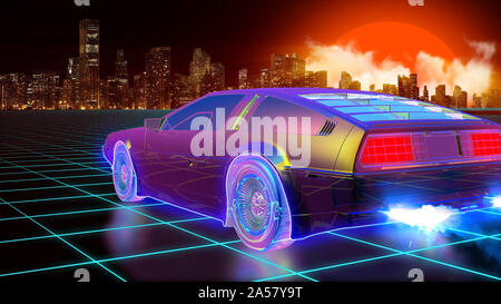 Bright retro futuristic world of computer space in the style of science fiction of the 80s. Futuristic car in virtual space. The background is perfect Stock Photo