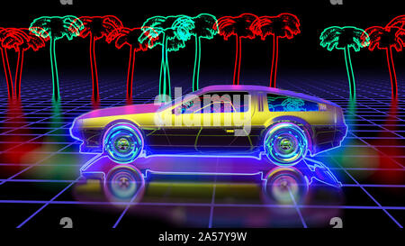 Bright retro futuristic world of computer space in the style of science fiction of the 80s. Futuristic car in virtual space. The background is perfect Stock Photo