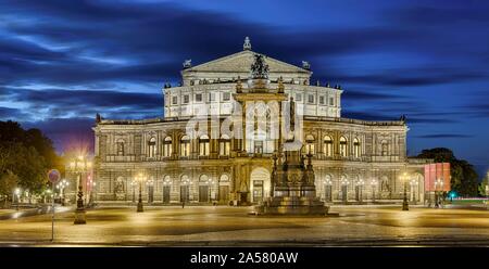 Semperoper, illuminated in the evening, Dresden, Saxony, Germany Stock Photo