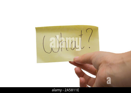 Sticky note isolated on white background with hand holding the post-it, with the question what Stock Photo