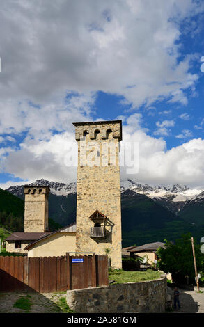 Medieval defensive towers at the mountain village of Mestia. A UNESCO World Heritage Site. Upper Svanetia, Georgia. Caucasus Stock Photo