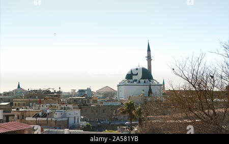 The Acre cityscape with the St John's church, surrounded by roofs, walls and old residential neighborhood, Israel. Stock Photo