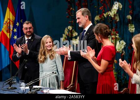 Spanish King Felipe VI and Queen Letizia Ortiz with daughters Princess of Asturias Leonor de Borbon and Sofia de Borbon during the delivery of the Princess of Asturias Awards 2019 in Oviedo, on Friday 18 October 2019.  Cordon Press Stock Photo