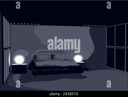 night dark bedroom with light and window Stock Vector